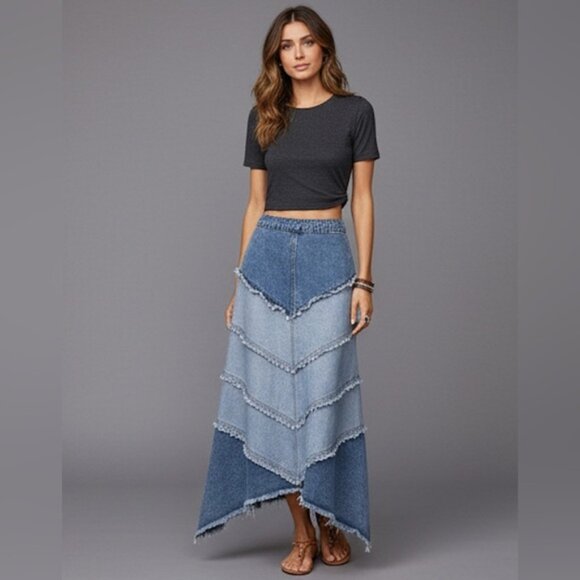 Long Denim Patchwork Skirt - Picture 1 of 7